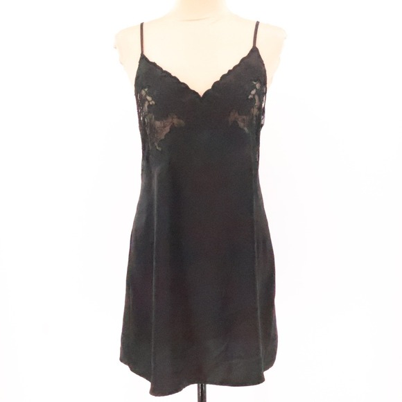 Forever 21 Dresses & Skirts - Black Lace Trim Slip Dress Mini Coquette Dark Fairy Grunge Y2K Lingerie Size M